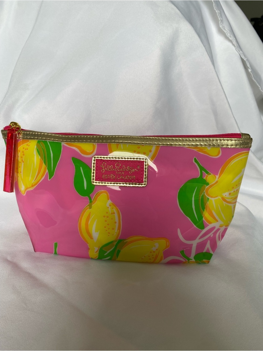 Lilly Pulitzer Pink Lemon Cosmetic Pouch with Gold Trim